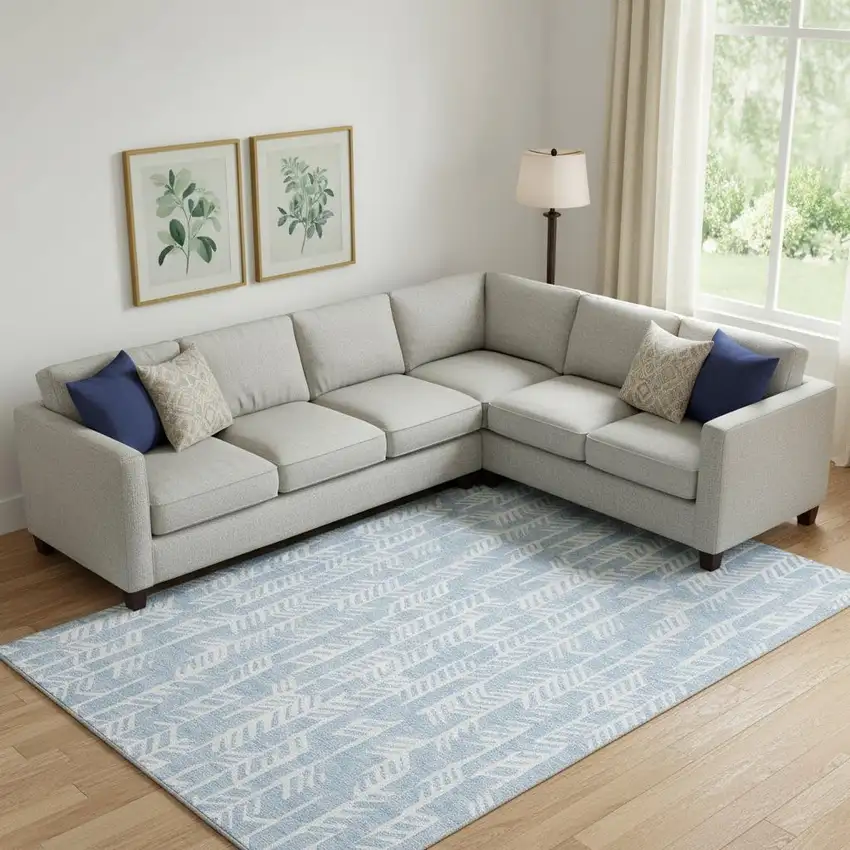 Sky Blue And Ivory Tribal Washable Area Rug With UV Protection Photo 1