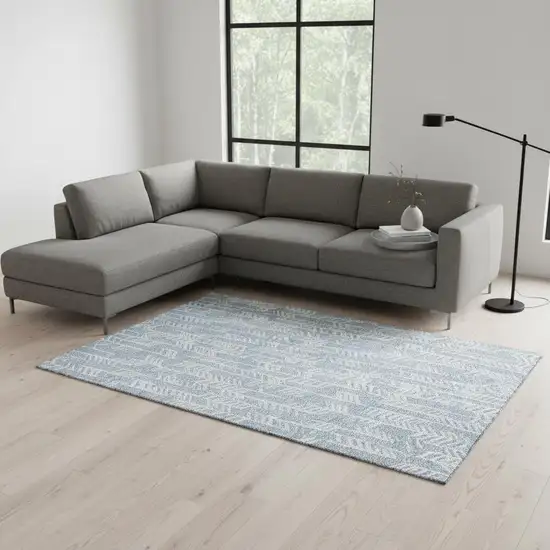 Sky Blue And Ivory Tribal Washable Area Rug With UV Protection Photo 2