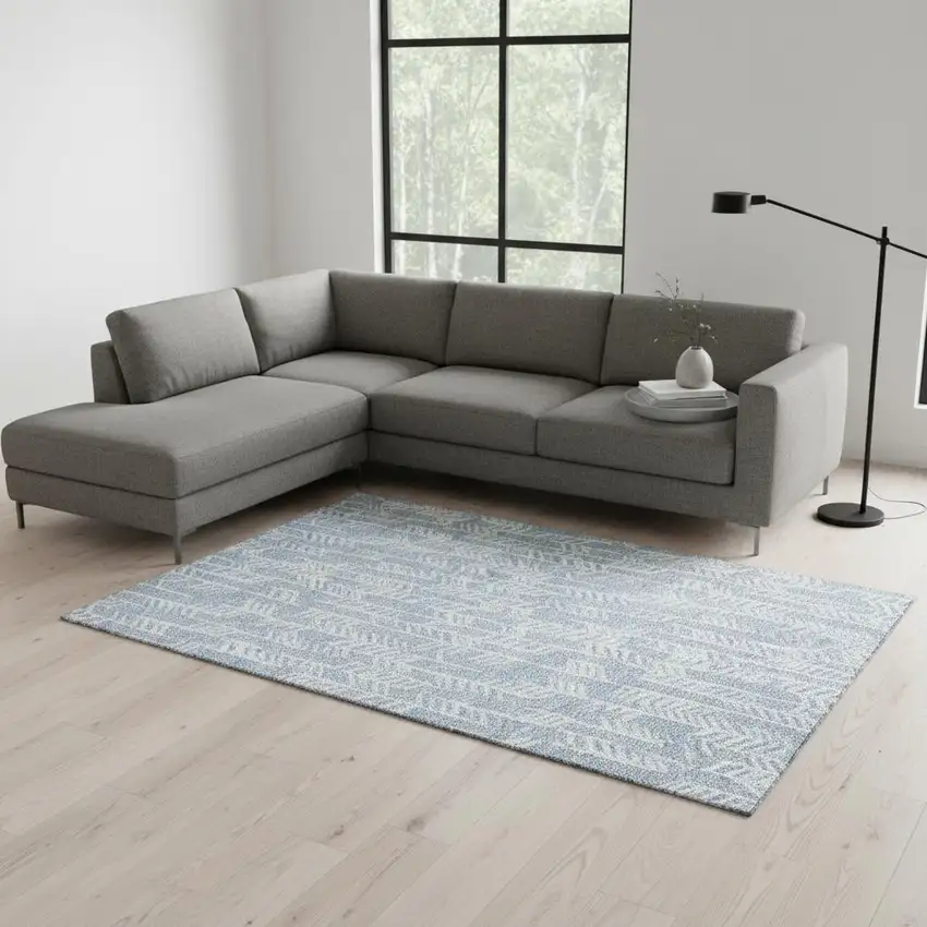 Sky Blue And Ivory Tribal Washable Area Rug With UV Protection Photo 2