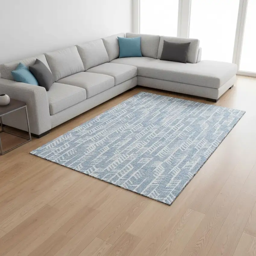 Sky Blue And Ivory Tribal Washable Area Rug With UV Protection Photo 2