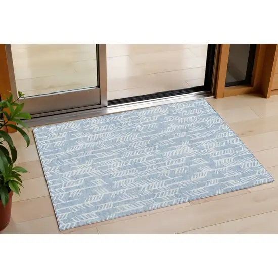 Sky Blue And Ivory Tribal Washable Indoor Outdoor Area Rug Photo 1