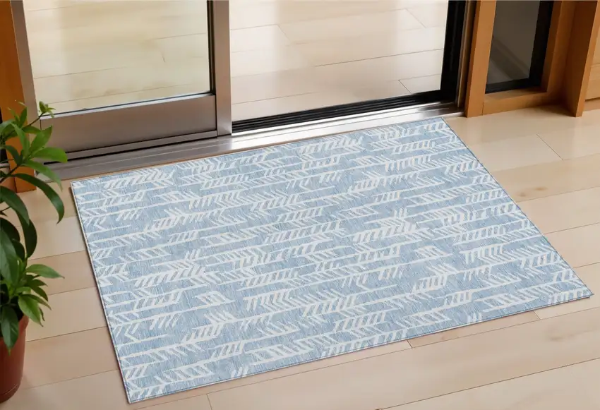 Sky Blue And Ivory Tribal Washable Indoor Outdoor Area Rug Photo 1