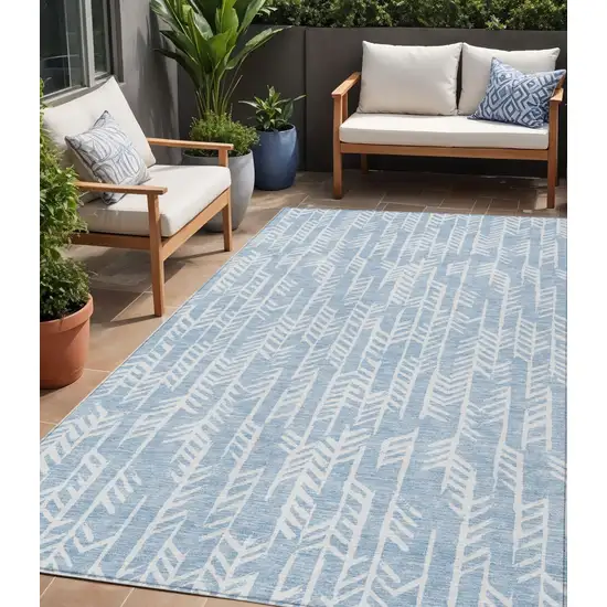 Sky Blue And Ivory Tribal Washable Indoor Outdoor Area Rug Photo 1