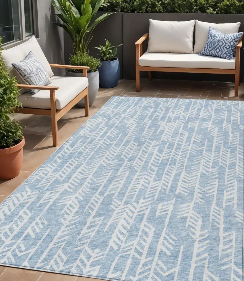 Sky Blue And Ivory Tribal Washable Indoor Outdoor Area Rug Photo 1