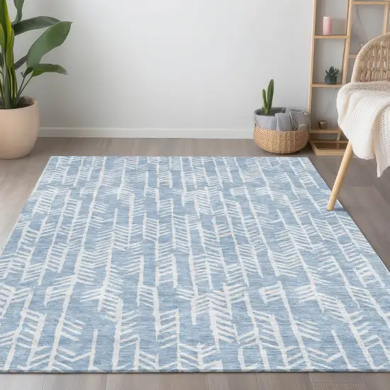 Sky Blue And Ivory Tribal Washable Indoor Outdoor Area Rug Photo 9