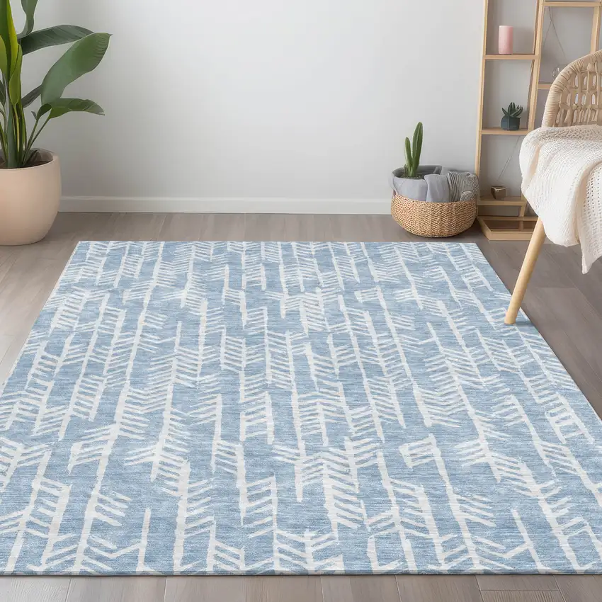 Sky Blue And Ivory Tribal Washable Indoor Outdoor Area Rug Photo 9