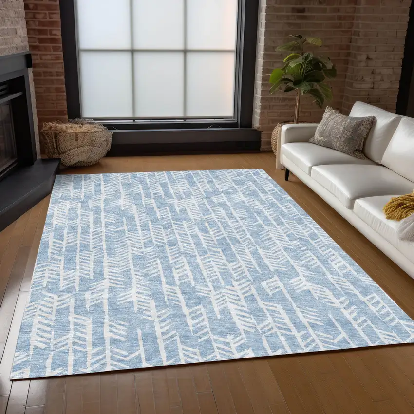 Sky Blue And Ivory Tribal Washable Indoor Outdoor Area Rug Photo 9