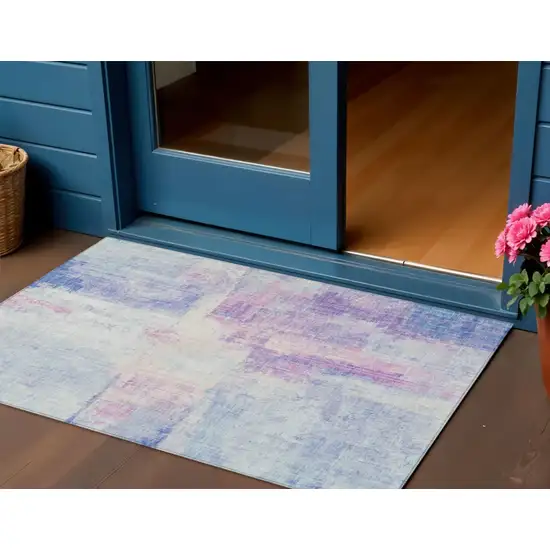 Sky Blue And Lavender Abstract Washable Indoor Outdoor Area Rug Photo 2