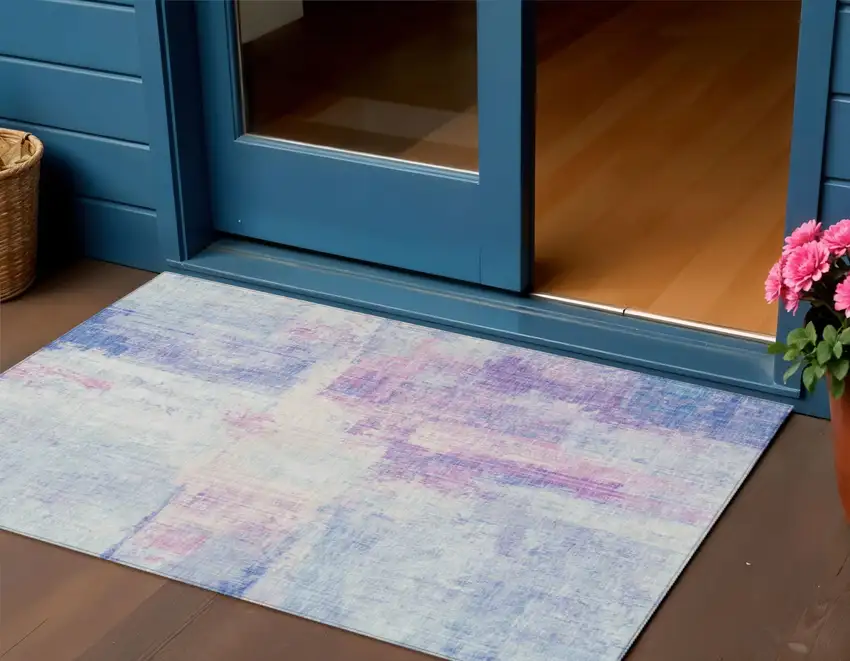 Sky Blue And Lavender Abstract Washable Indoor Outdoor Area Rug Photo 2