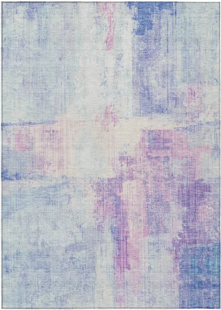 Sky Blue And Lavender Abstract Washable Indoor Outdoor Area Rug Photo 1