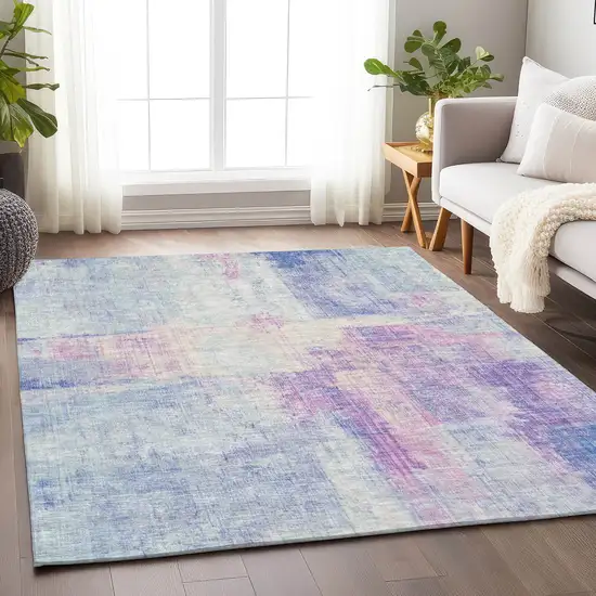 Sky Blue And Lavender Abstract Washable Indoor Outdoor Area Rug Photo 5