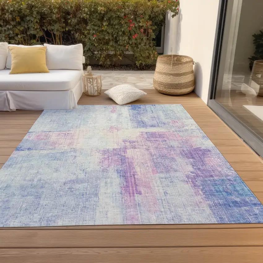 Sky Blue And Lavender Abstract Washable Indoor Outdoor Area Rug Photo 7