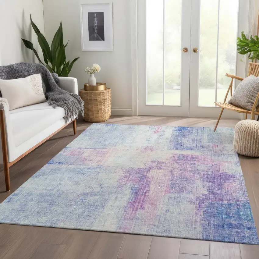 Sky Blue And Lavender Abstract Washable Indoor Outdoor Area Rug Photo 6
