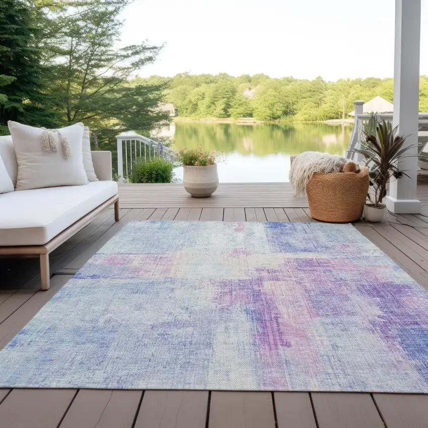 Sky Blue And Lavender Abstract Washable Indoor Outdoor Area Rug Photo 4