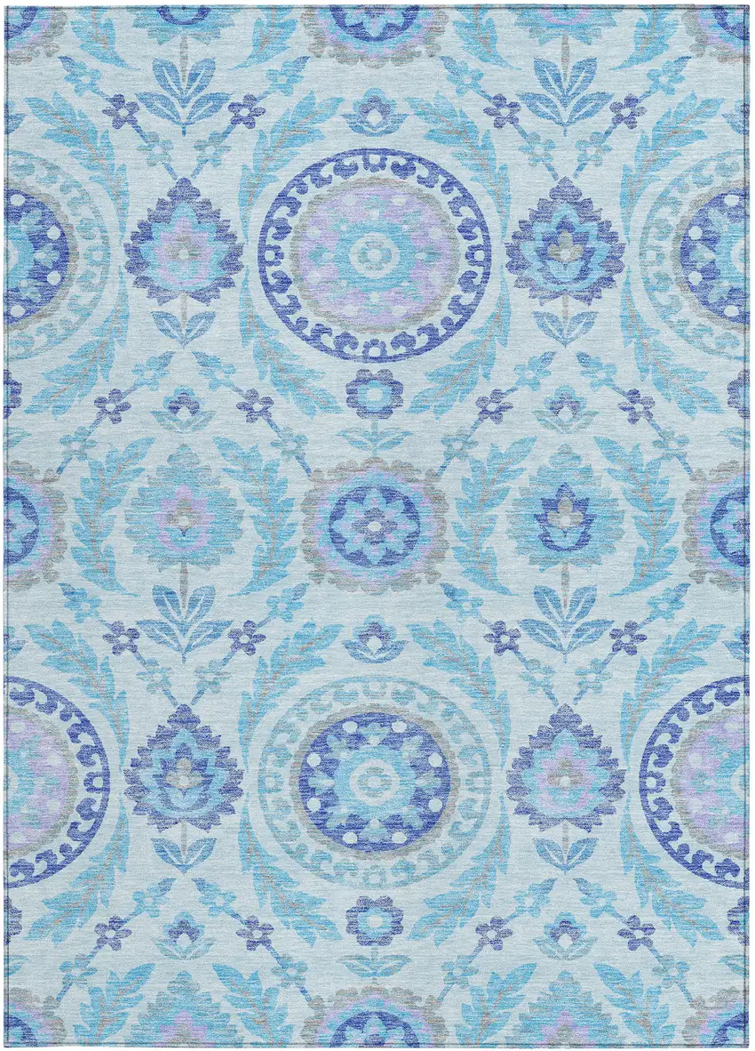 Sky Blue And Lavender Floral Washable Indoor Outdoor Area Rug Photo 5