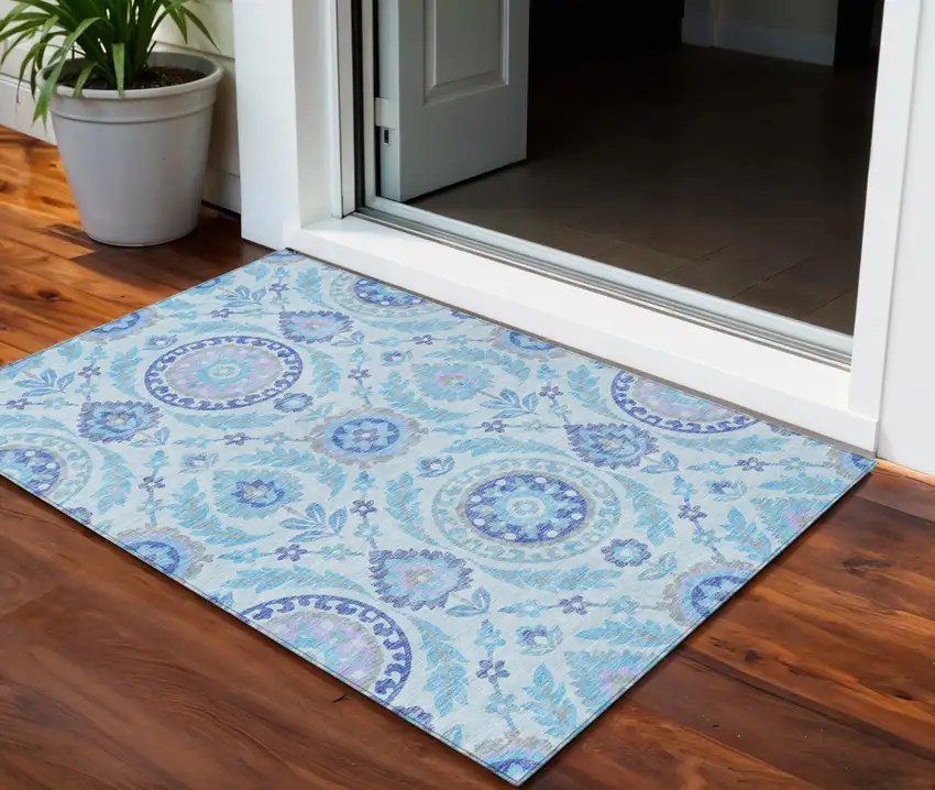 Sky Blue And Lavender Floral Washable Indoor Outdoor Area Rug Photo 1