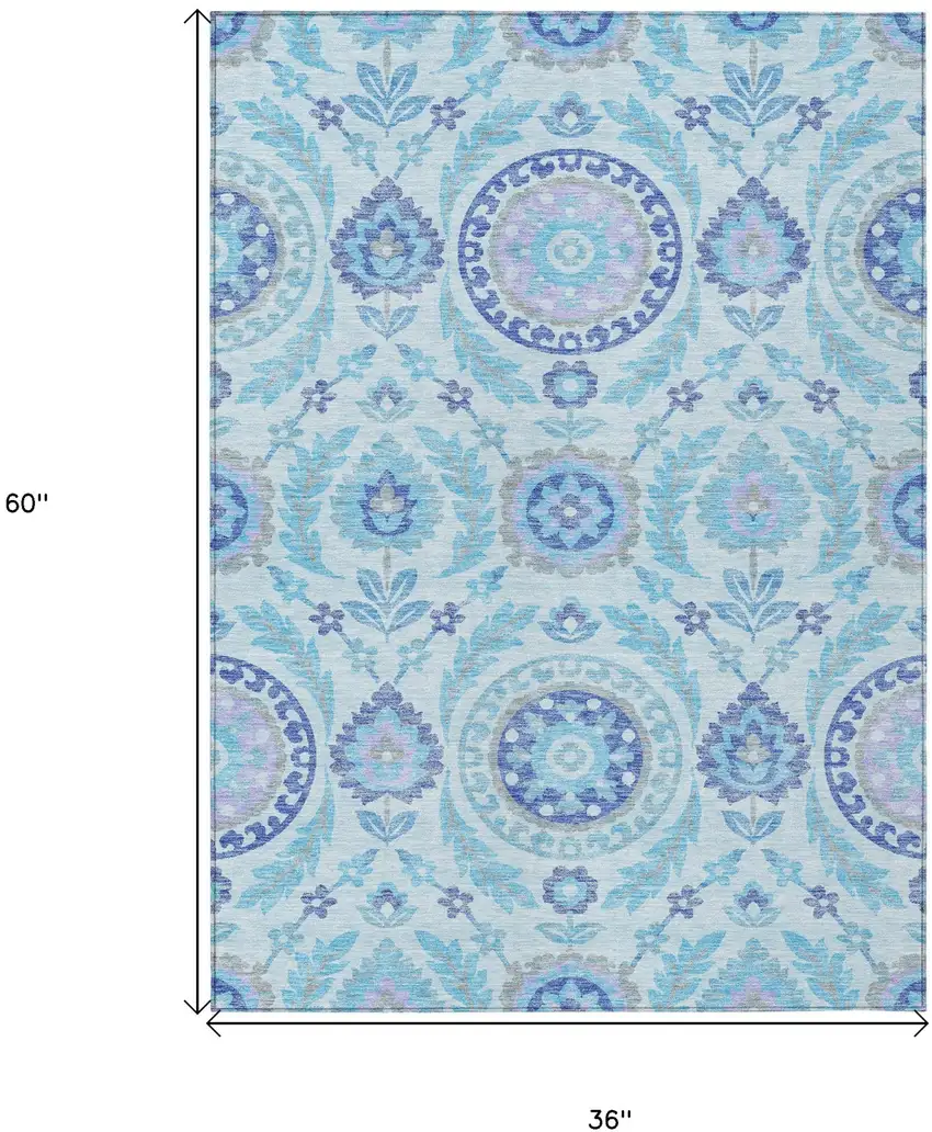 Sky Blue And Lavender Floral Washable Indoor Outdoor Area Rug Photo 7