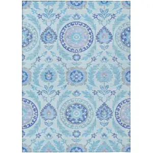 Photo of Sky Blue And Lavender Floral Washable Indoor Outdoor Area Rug
