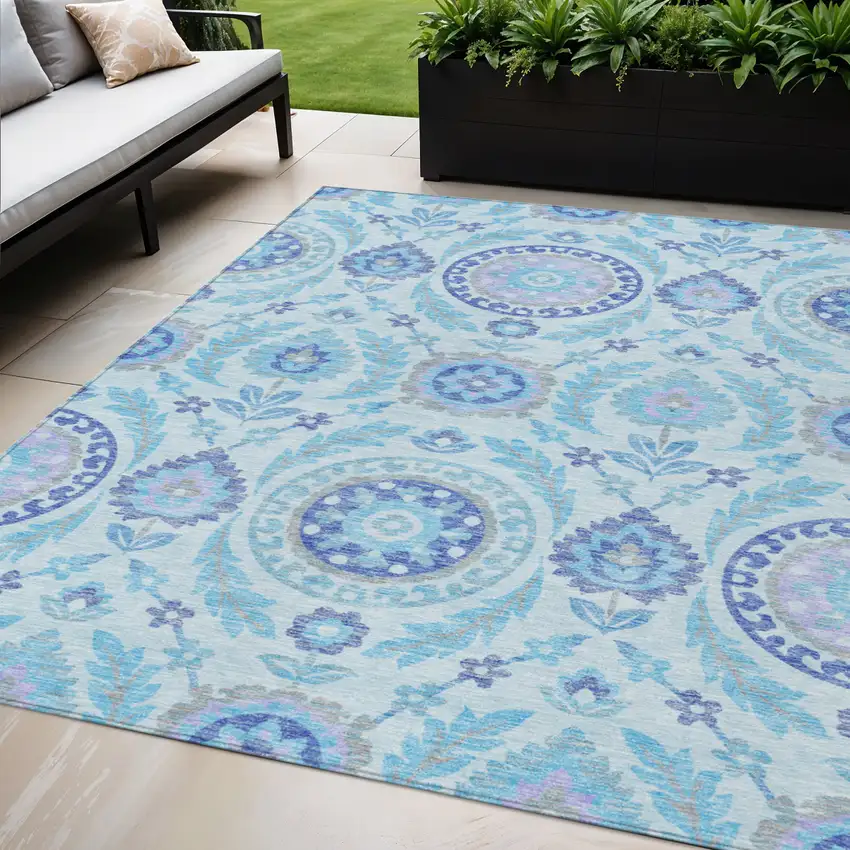 Sky Blue And Lavender Floral Washable Indoor Outdoor Area Rug Photo 1