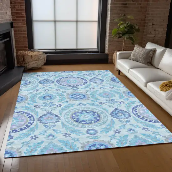 Sky Blue And Lavender Floral Washable Indoor Outdoor Area Rug Photo 8