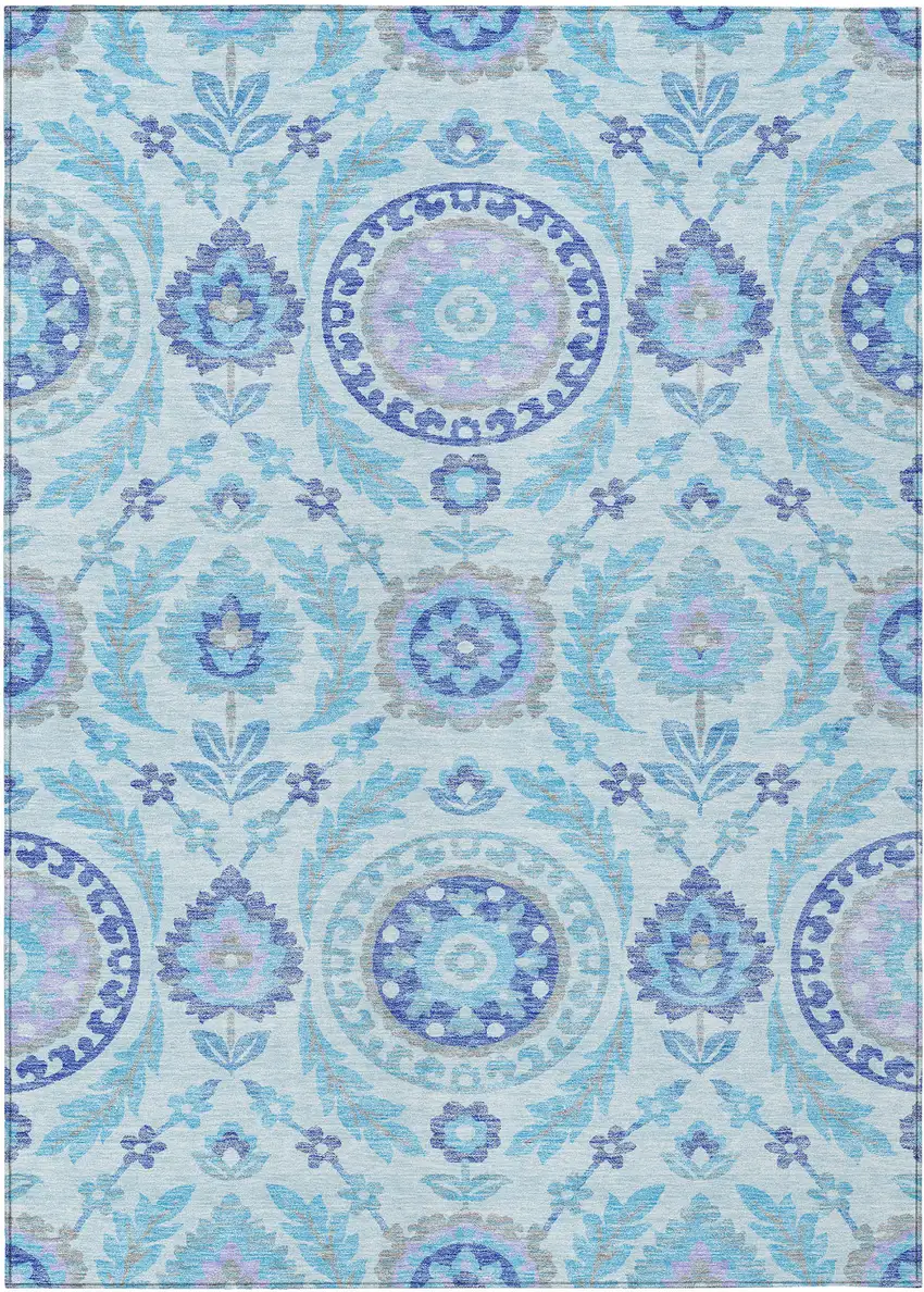 Sky Blue And Lavender Floral Washable Indoor Outdoor Area Rug Photo 1