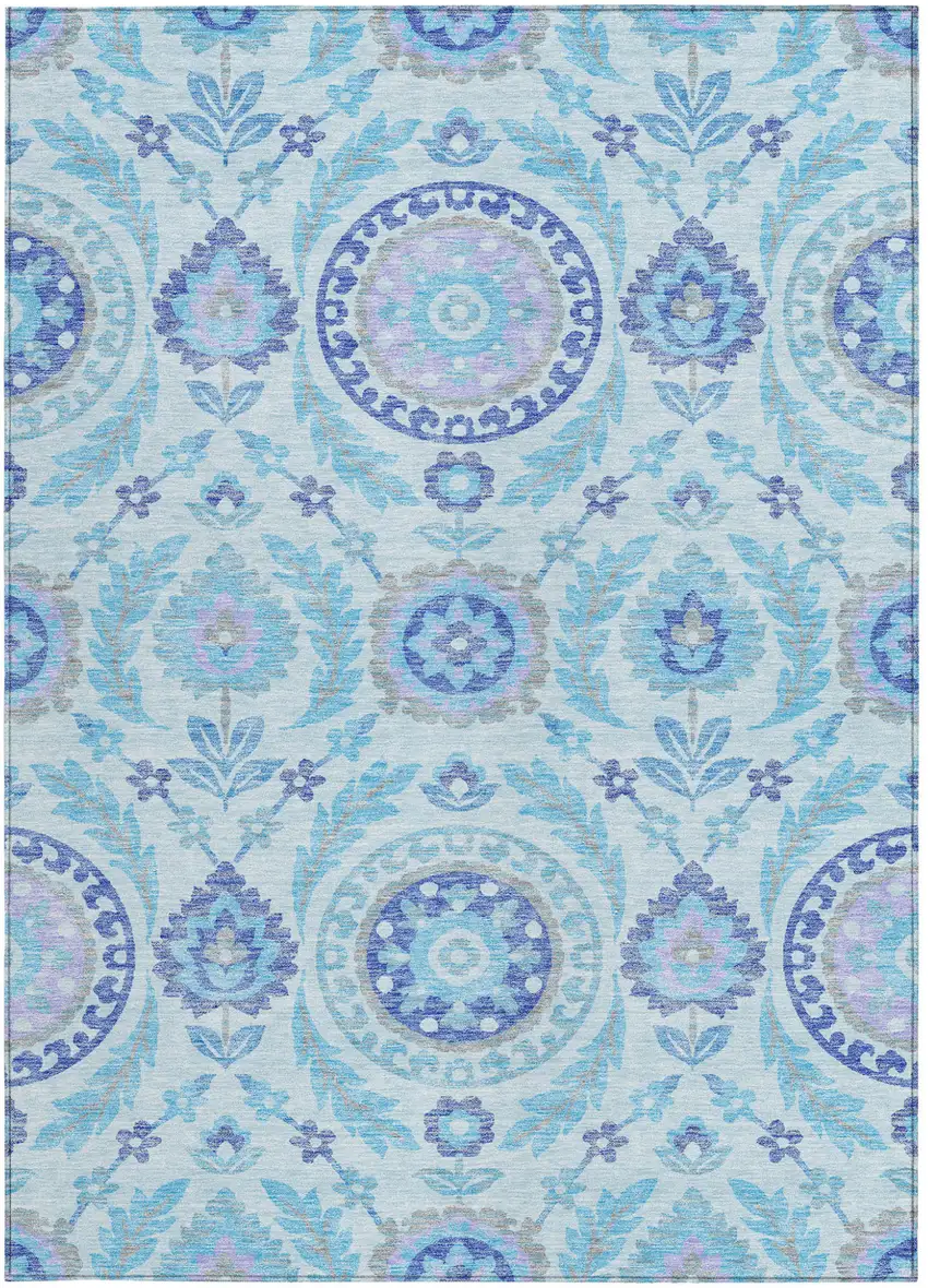 Sky Blue And Lavender Floral Washable Indoor Outdoor Area Rug Photo 5