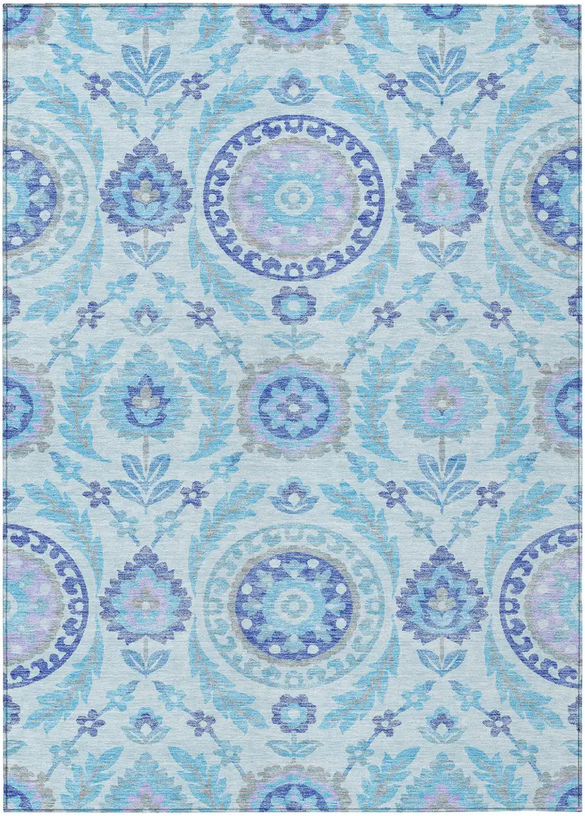 Sky Blue And Lavender Floral Washable Indoor Outdoor Area Rug Photo 1