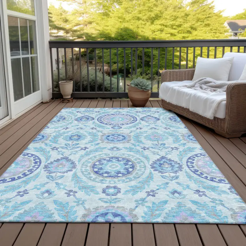 Sky Blue And Lavender Floral Washable Indoor Outdoor Area Rug Photo 6