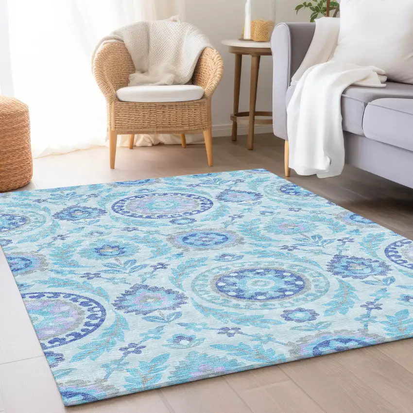Sky Blue And Lavender Floral Washable Indoor Outdoor Area Rug Photo 7