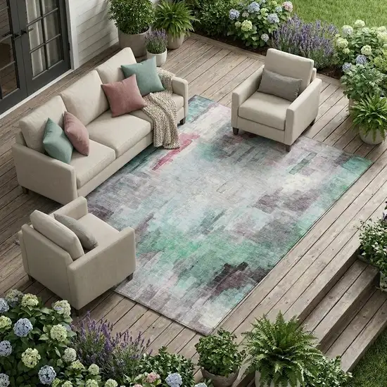 Sky Blue And Mauve Abstract Washable Indoor Outdoor Area Rug Photo 1