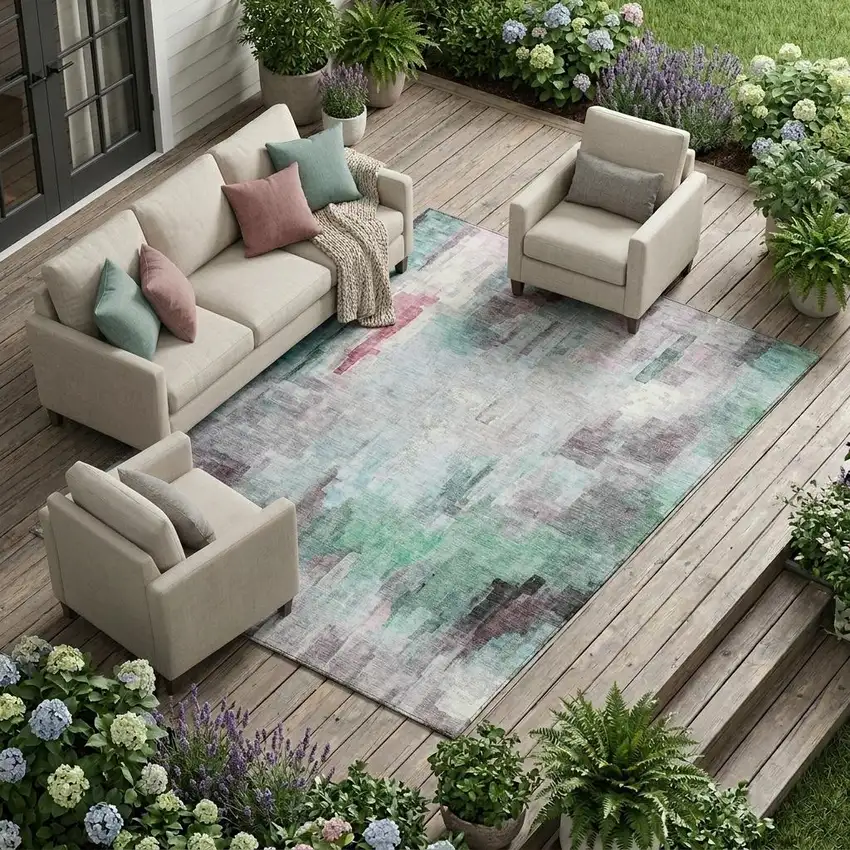 Sky Blue And Mauve Abstract Washable Indoor Outdoor Area Rug Photo 1