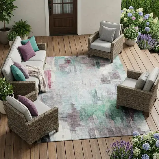 Sky Blue And Mauve Abstract Washable Indoor Outdoor Area Rug Photo 1