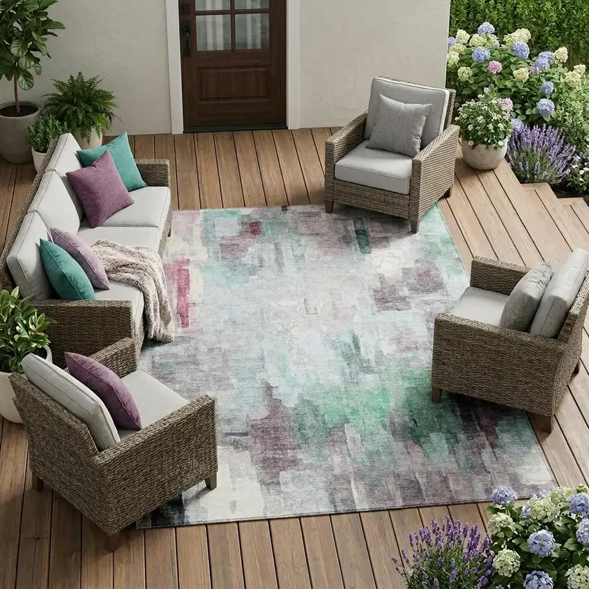 Sky Blue And Mauve Abstract Washable Indoor Outdoor Area Rug Photo 1