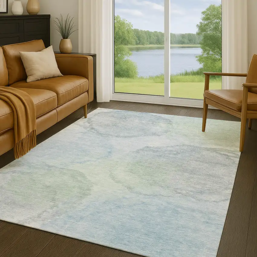 Sky Blue And Mint Green Abstract Washable Indoor Outdoor Area Rug Photo 5