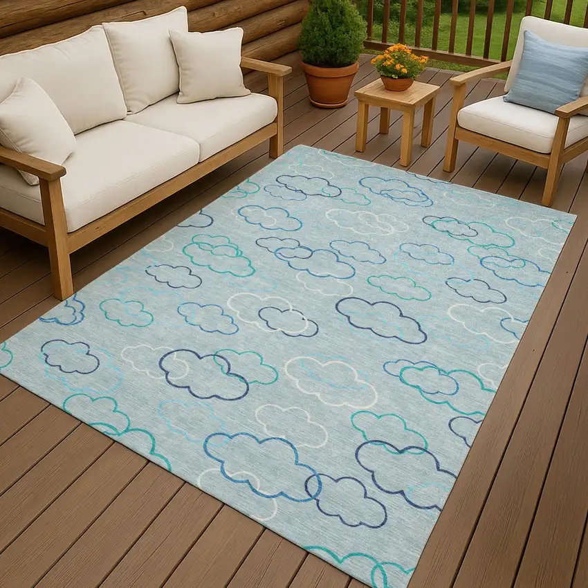Sky Blue And Navy Blue Abstract Washable Indoor Outdoor Area Rug Photo 7