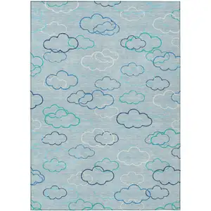 Photo of Sky Blue And Navy Blue Abstract Washable Indoor Outdoor Area Rug