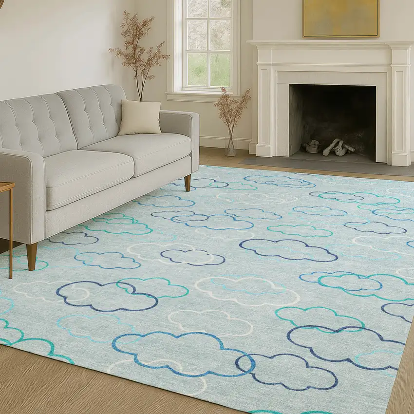 Sky Blue And Navy Blue Abstract Washable Indoor Outdoor Area Rug Photo 6