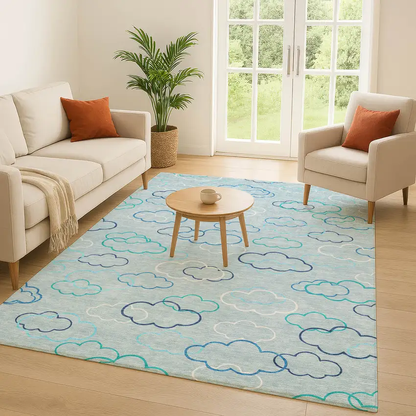 Sky Blue And Navy Blue Abstract Washable Indoor Outdoor Area Rug Photo 5