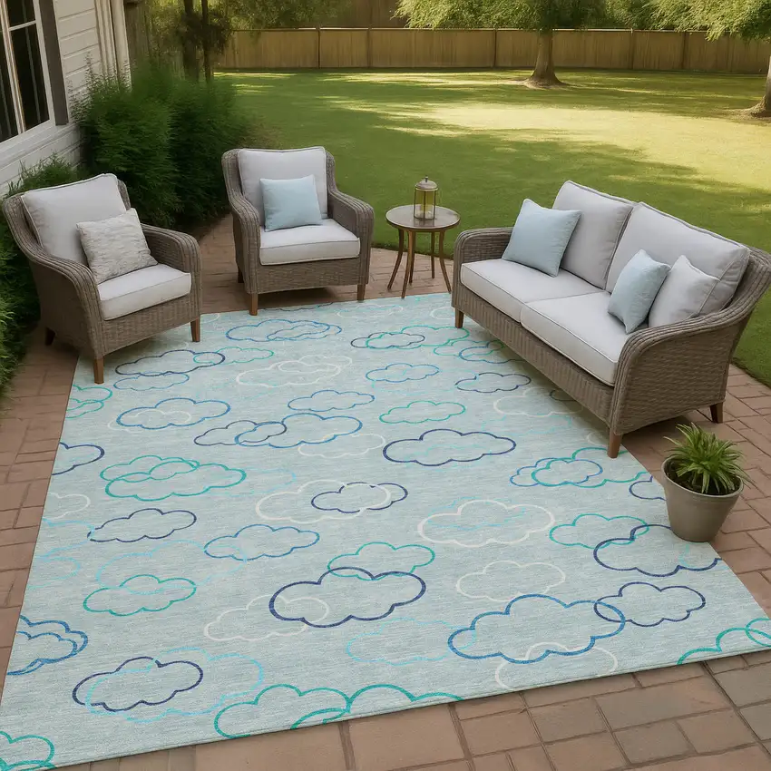 Sky Blue And Navy Blue Abstract Washable Indoor Outdoor Area Rug Photo 4