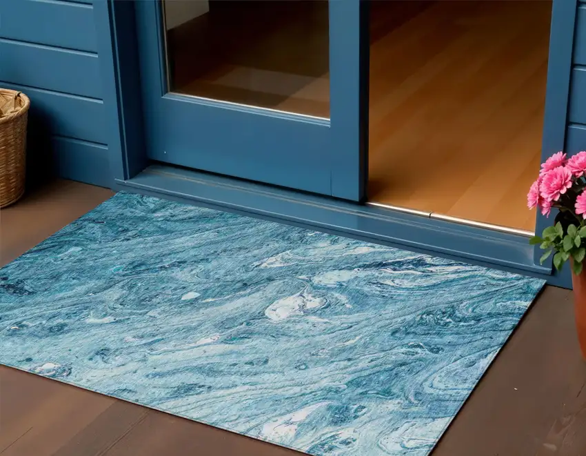 Sky Blue And Navy Blue Abstract Washable Indoor Outdoor Area Rug Photo 1