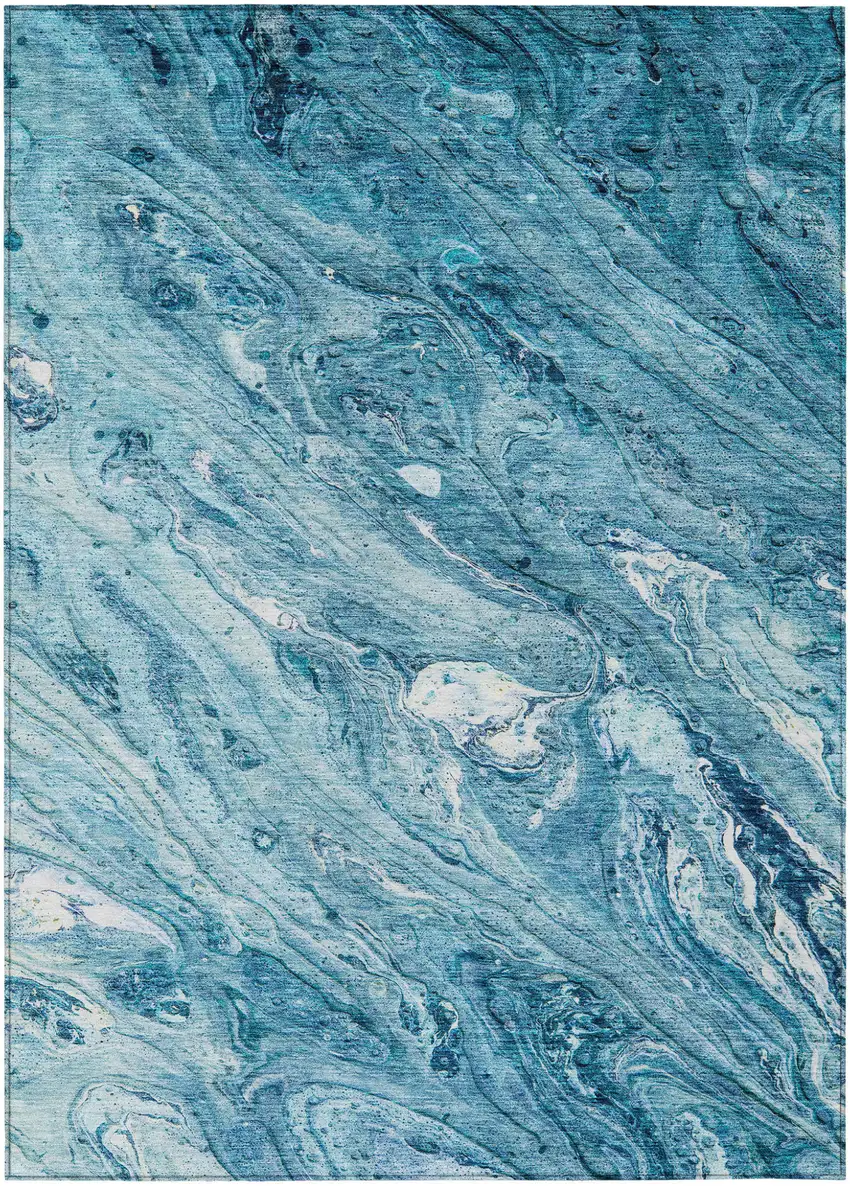 Sky Blue And Navy Blue Abstract Washable Indoor Outdoor Area Rug Photo 1