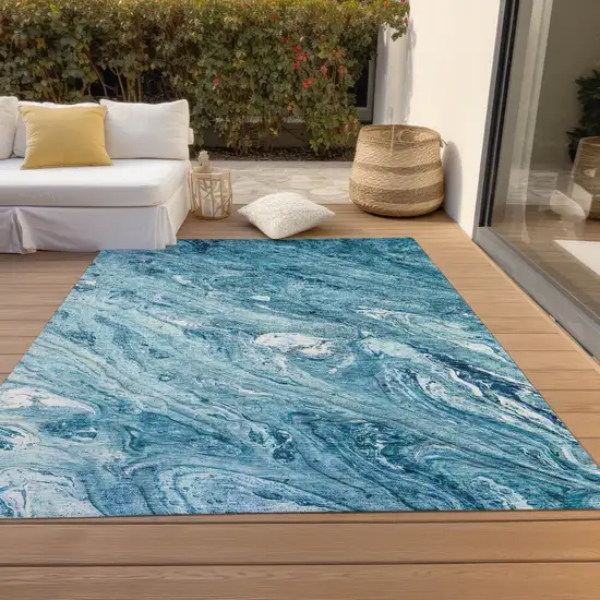 Sky Blue And Navy Blue Abstract Washable Indoor Outdoor Area Rug Photo 6
