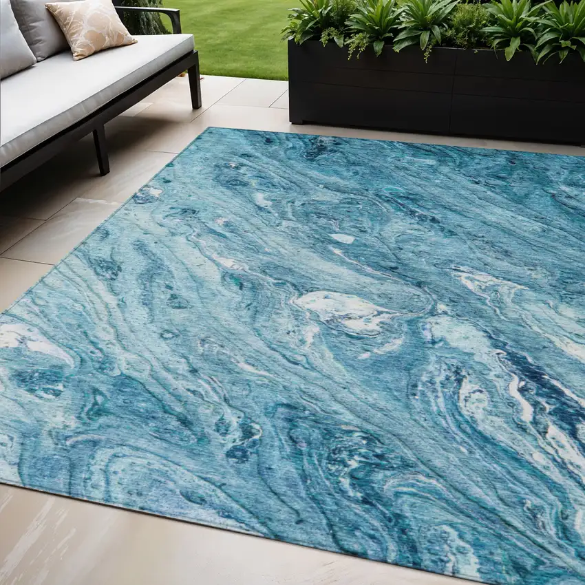 Sky Blue And Navy Blue Abstract Washable Indoor Outdoor Area Rug Photo 1