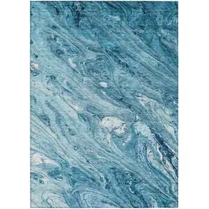 Photo of Sky Blue And Navy Blue Abstract Washable Indoor Outdoor Area Rug
