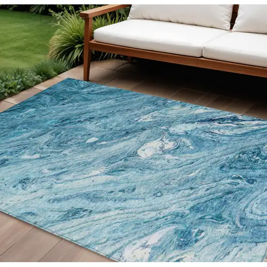 Sky Blue And Navy Blue Abstract Washable Indoor Outdoor Area Rug Photo 1