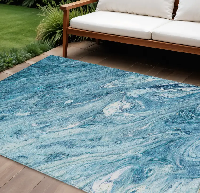 Sky Blue And Navy Blue Abstract Washable Indoor Outdoor Area Rug Photo 1