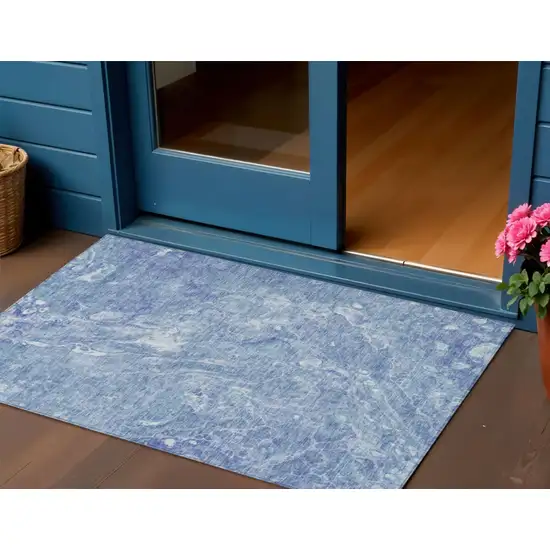 Sky Blue And Navy Blue Abstract Washable Indoor Outdoor Area Rug Photo 1