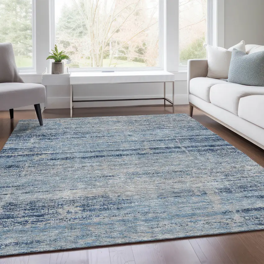 Sky Blue And Navy Blue Abstract Washable Indoor Outdoor Area Rug Photo 7
