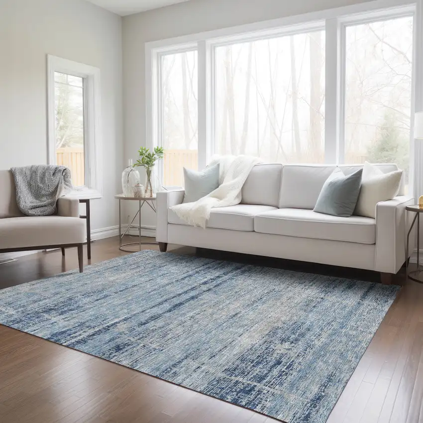 Sky Blue And Navy Blue Abstract Washable Indoor Outdoor Area Rug Photo 8
