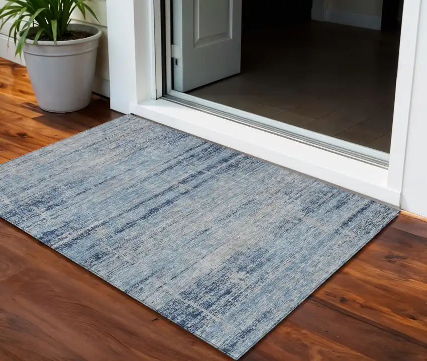 Sky Blue And Navy Blue Abstract Washable Indoor Outdoor Area Rug Photo 1
